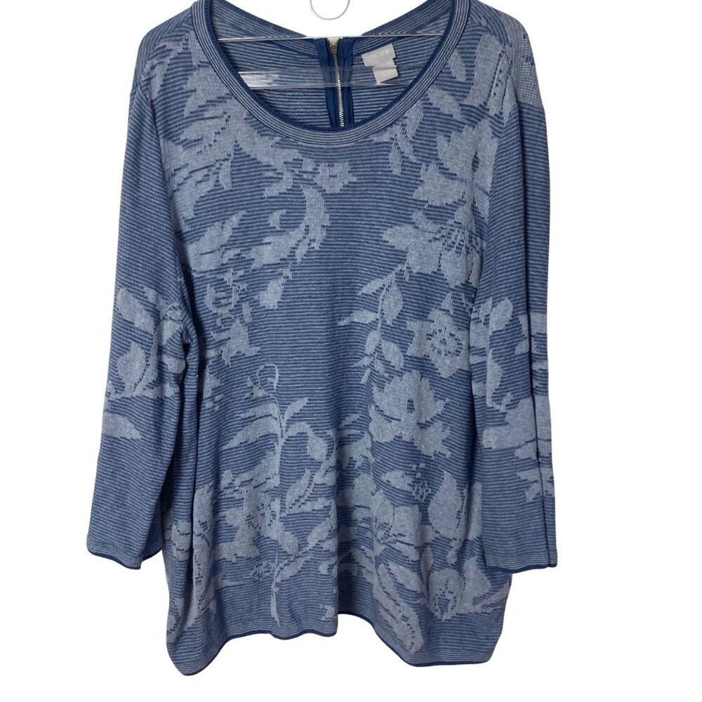 Chicos Floral Knit Top Womens 4 XXL Blue Cotton Blend 3/4 Sleeves Coastal